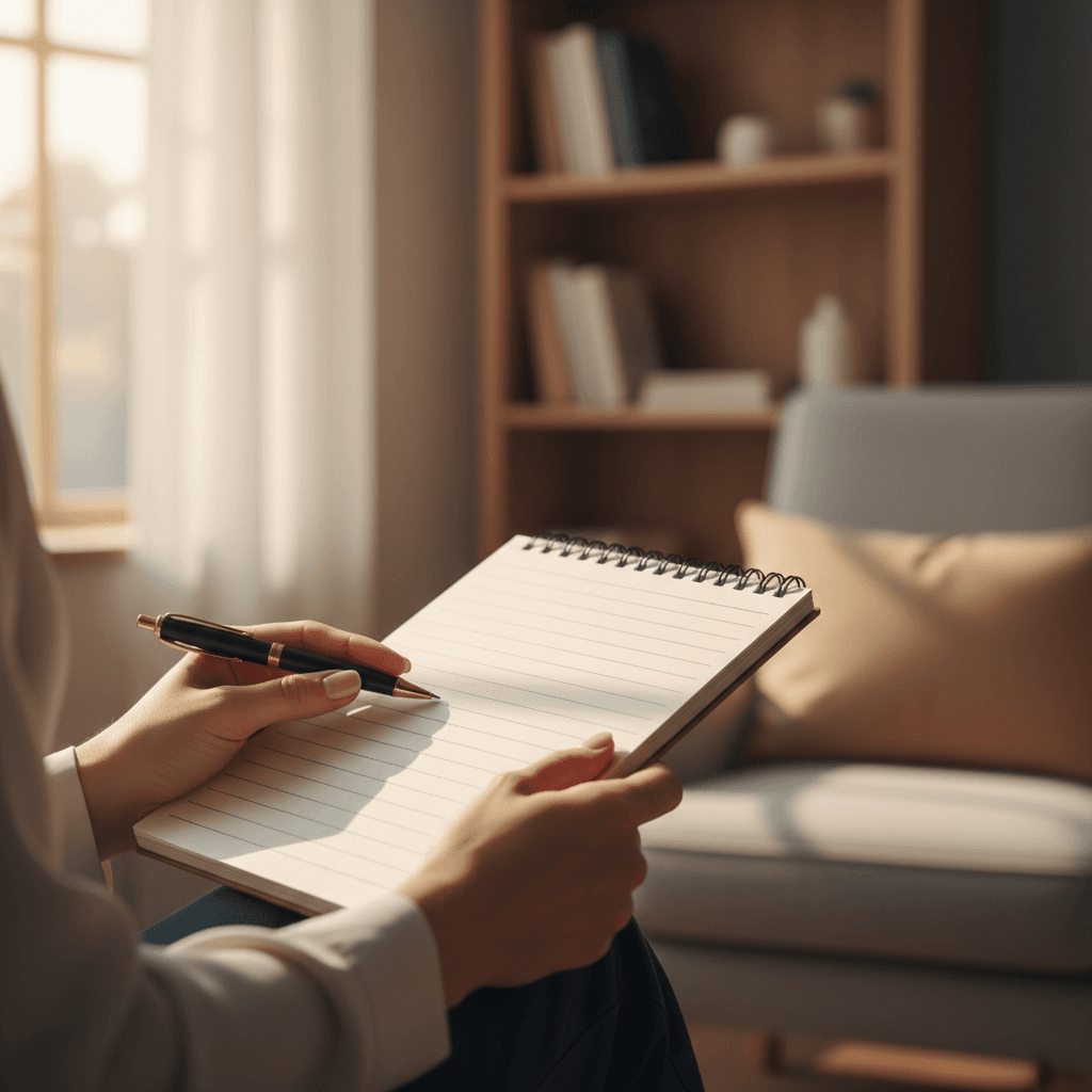 A warm, intimate therapeutic aesthetic close-up of a therapist's hands holding a notepad during a session