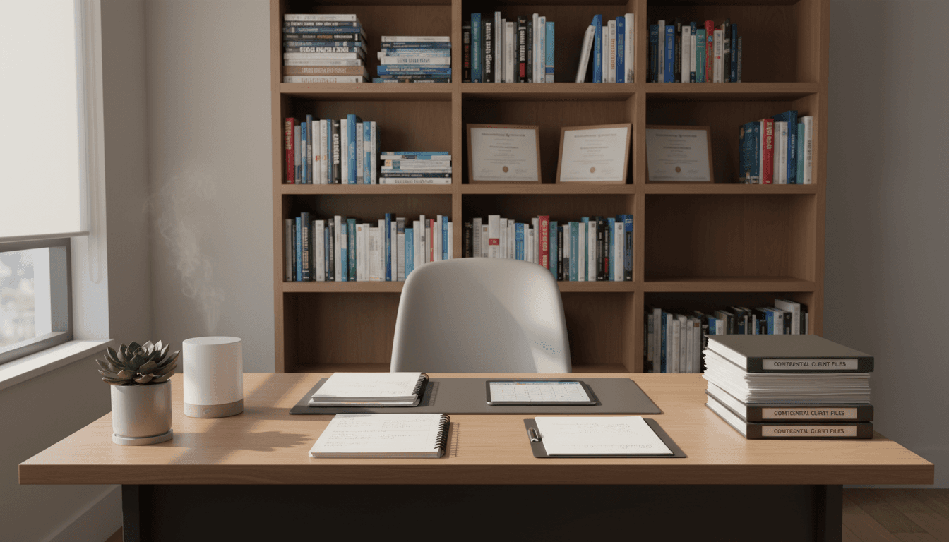Therapist's workspace with clinical notes