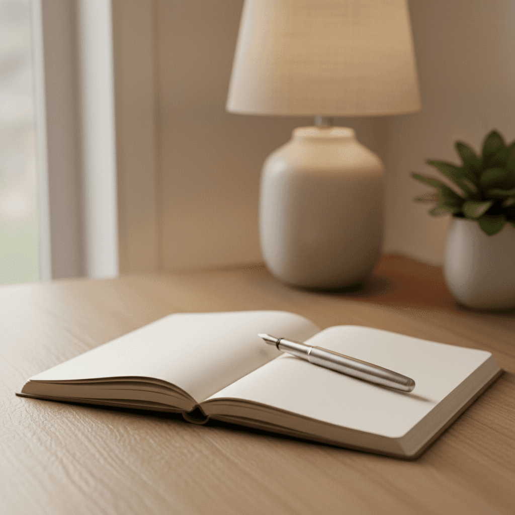 Notebook and pen on a therapy office desk with soft lighting