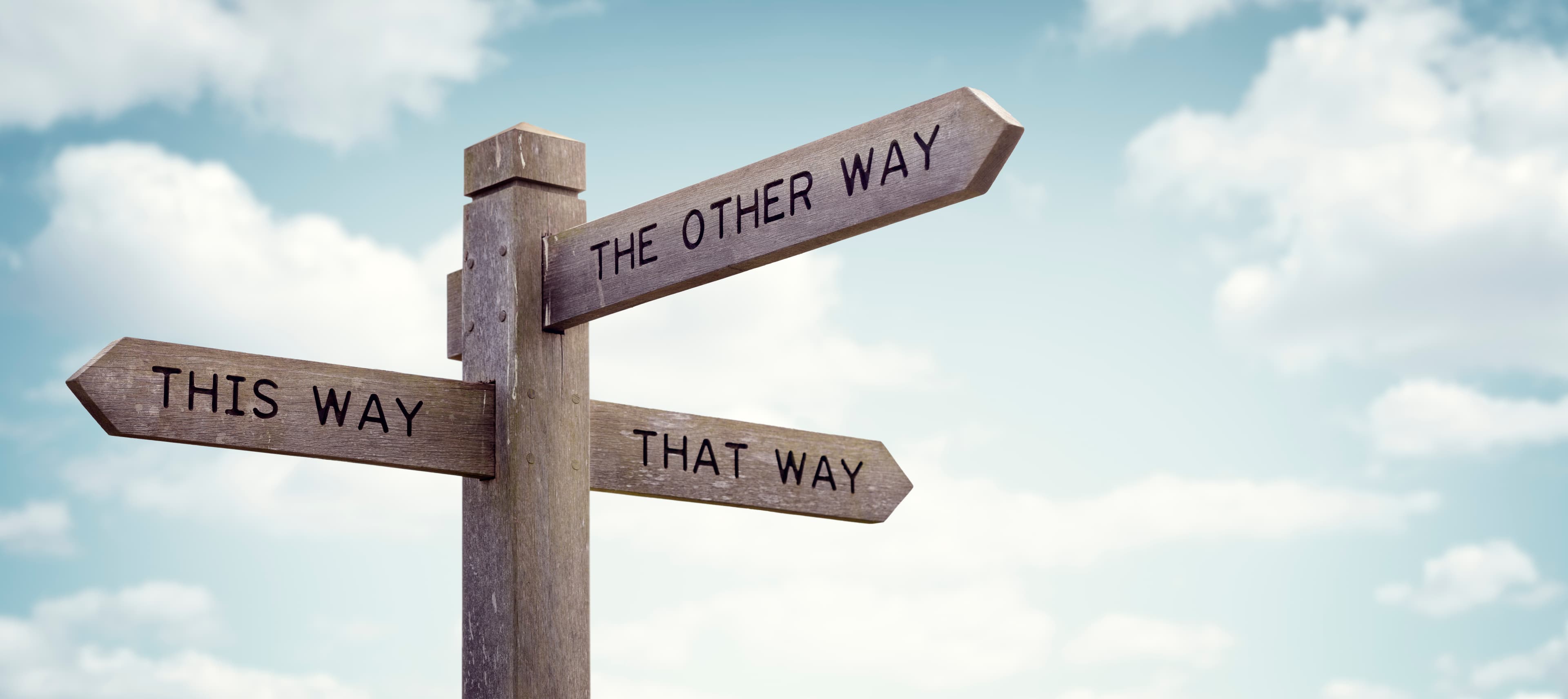 Wooden signpost pointing This Way, That Way, and The Other Way against clouds.